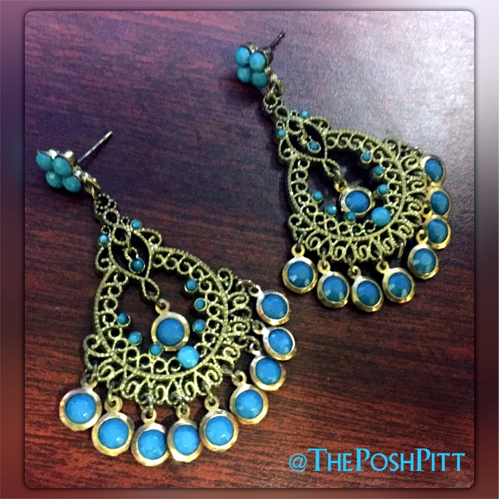 Blue & Gold Tone Vintage Style Chandelier Earrings